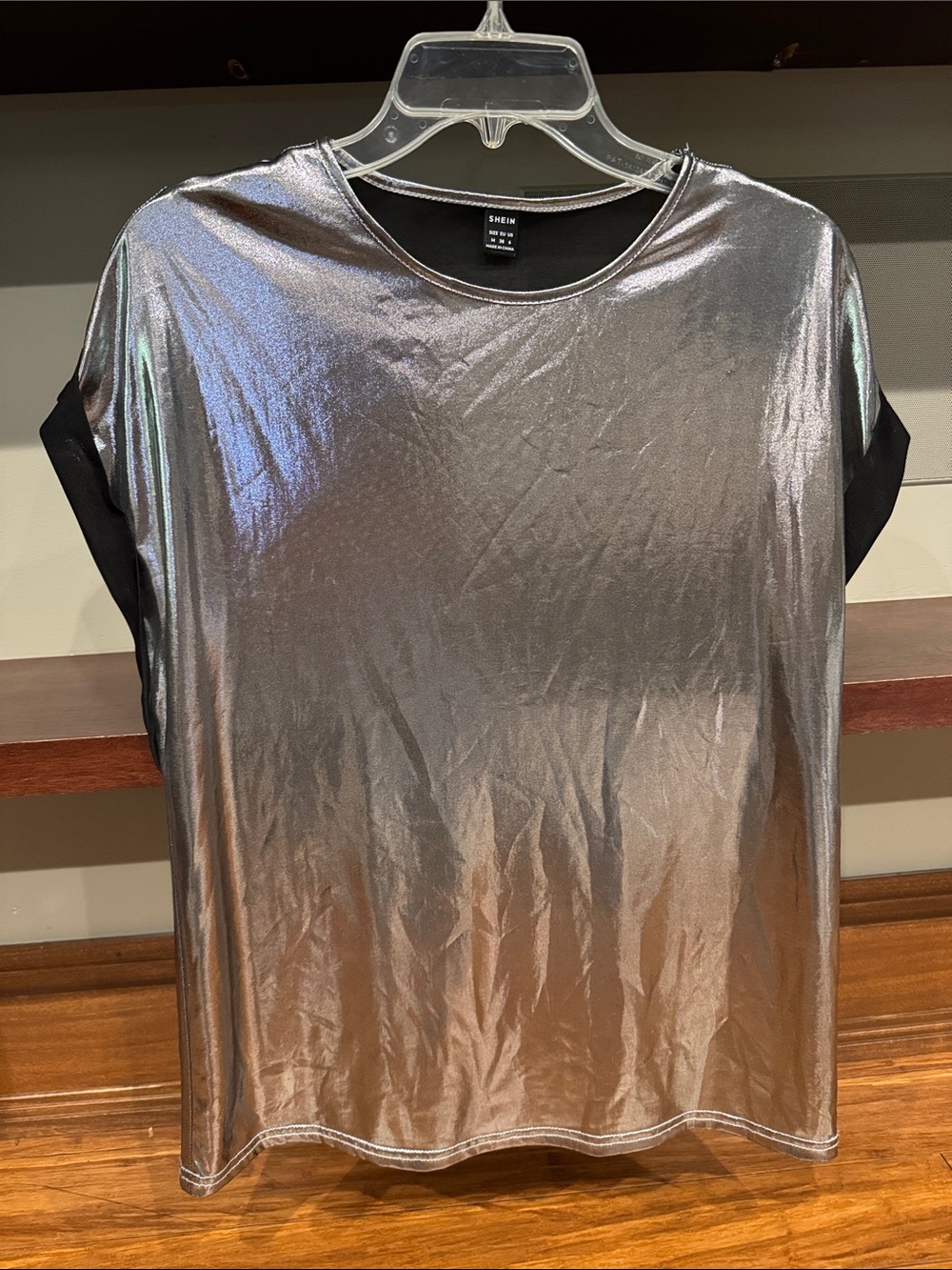 SHEIN Shimmer Silver Metallic Short Sleeve Tee with Black Trim